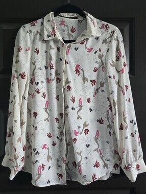 Zara Cream Mermaid Print Button-Up Blouse Size M